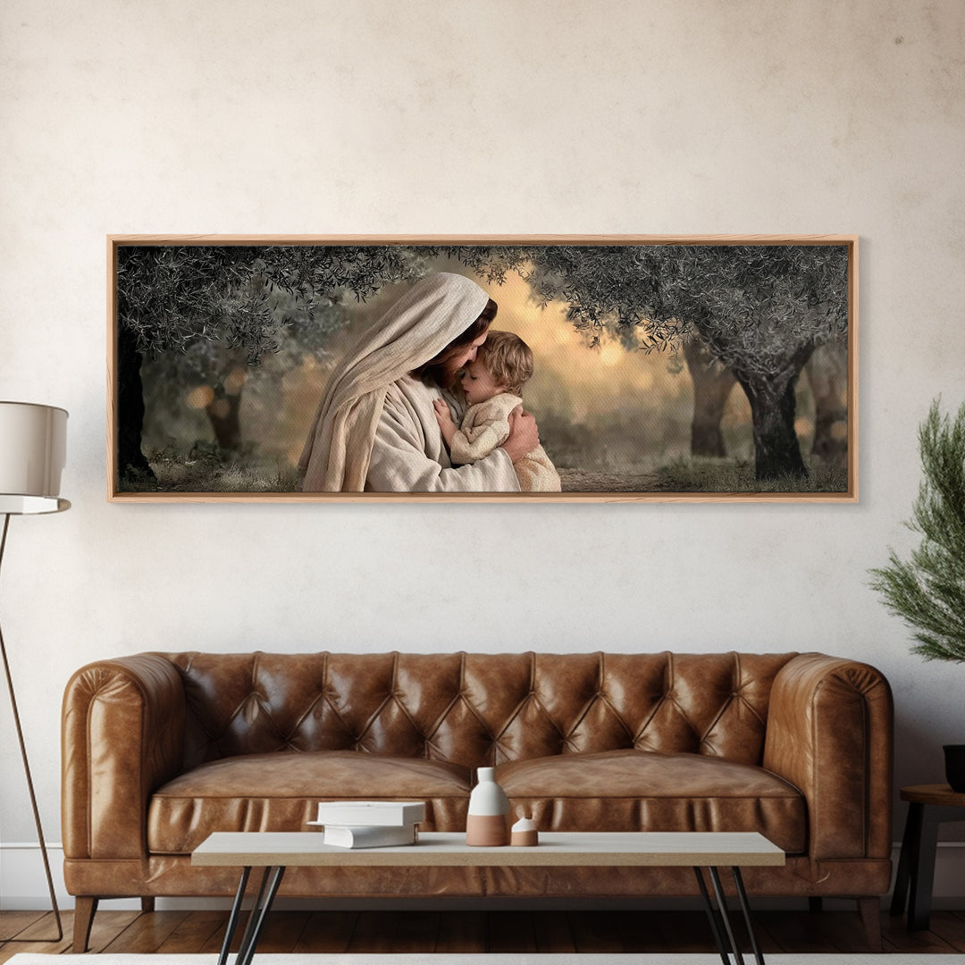 Garden Of Peace, Framed Canvas Print, Christian Wall Art, Jesus Painting, Panoramic Art, Christian Christmas Art, Christian Art Canvas