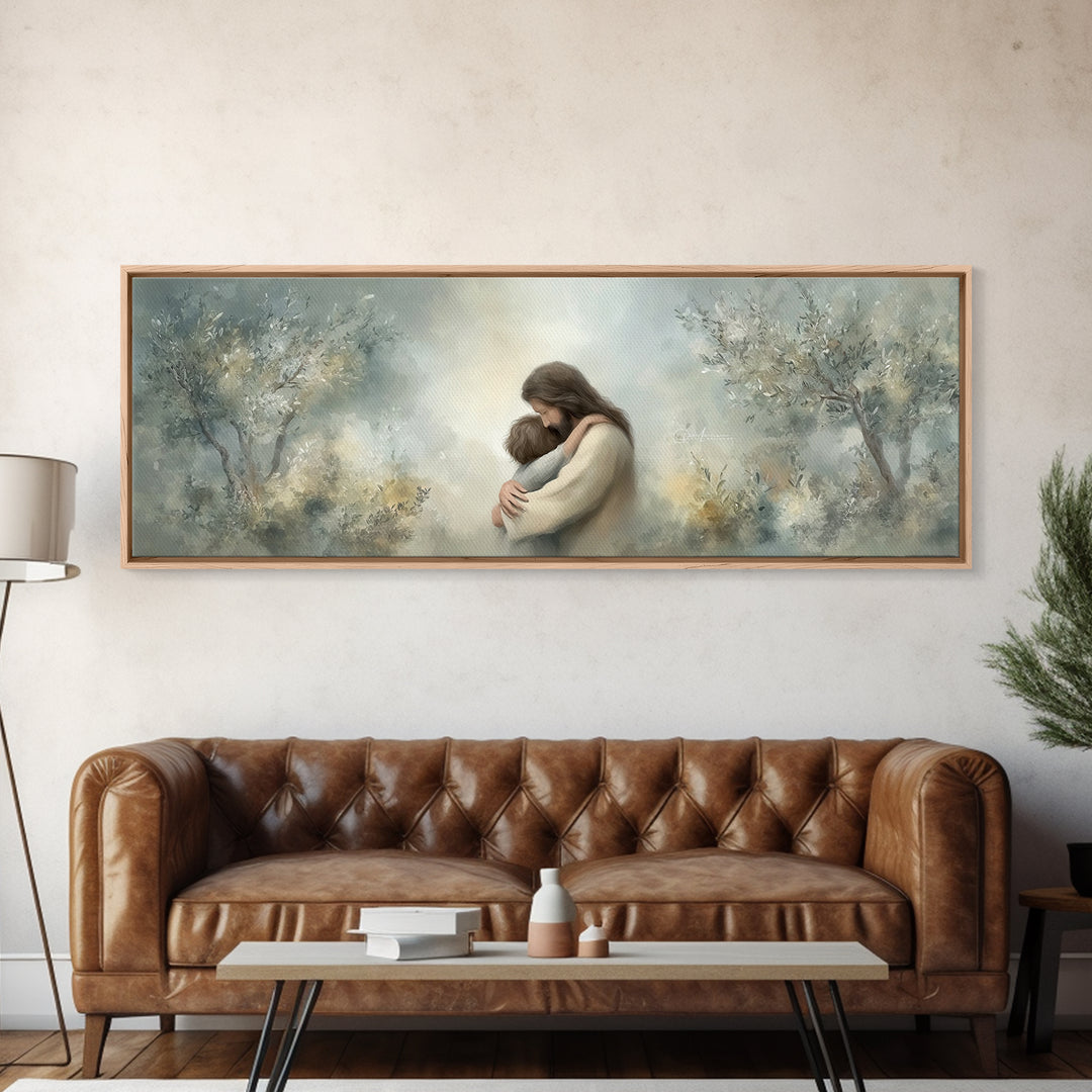 Olive Grove Calm | Framed Canvas Print | Christian Art Canvas | Jesus Painting | Panoramic Art | Christian Wall Art | Christian Gift Ideas