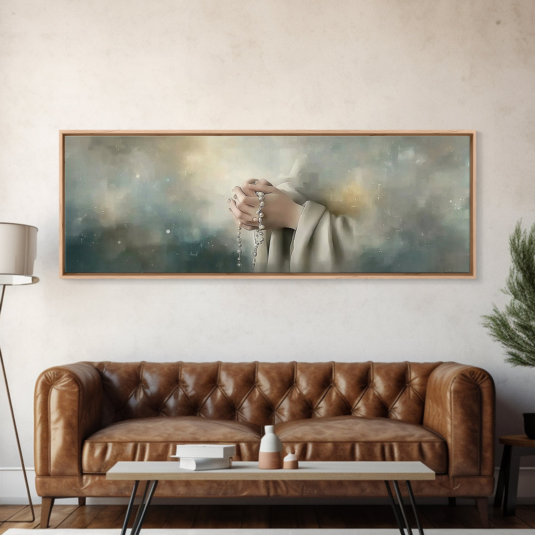 Heavenly Rosary Peace, Framed Canvas Print, Christian Wall Art, Christian Art Canvas, Panoramic Painting, Jesus Painting, Christmas Art