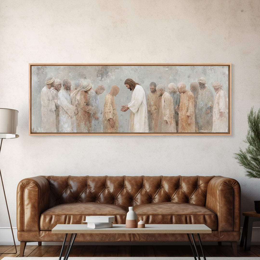 Healing At Dawn, Framed Canvas Print, Christian Art Canvas, Christian Wall Art, Panoramic Frame, Jesus Painting, Christian Art Print