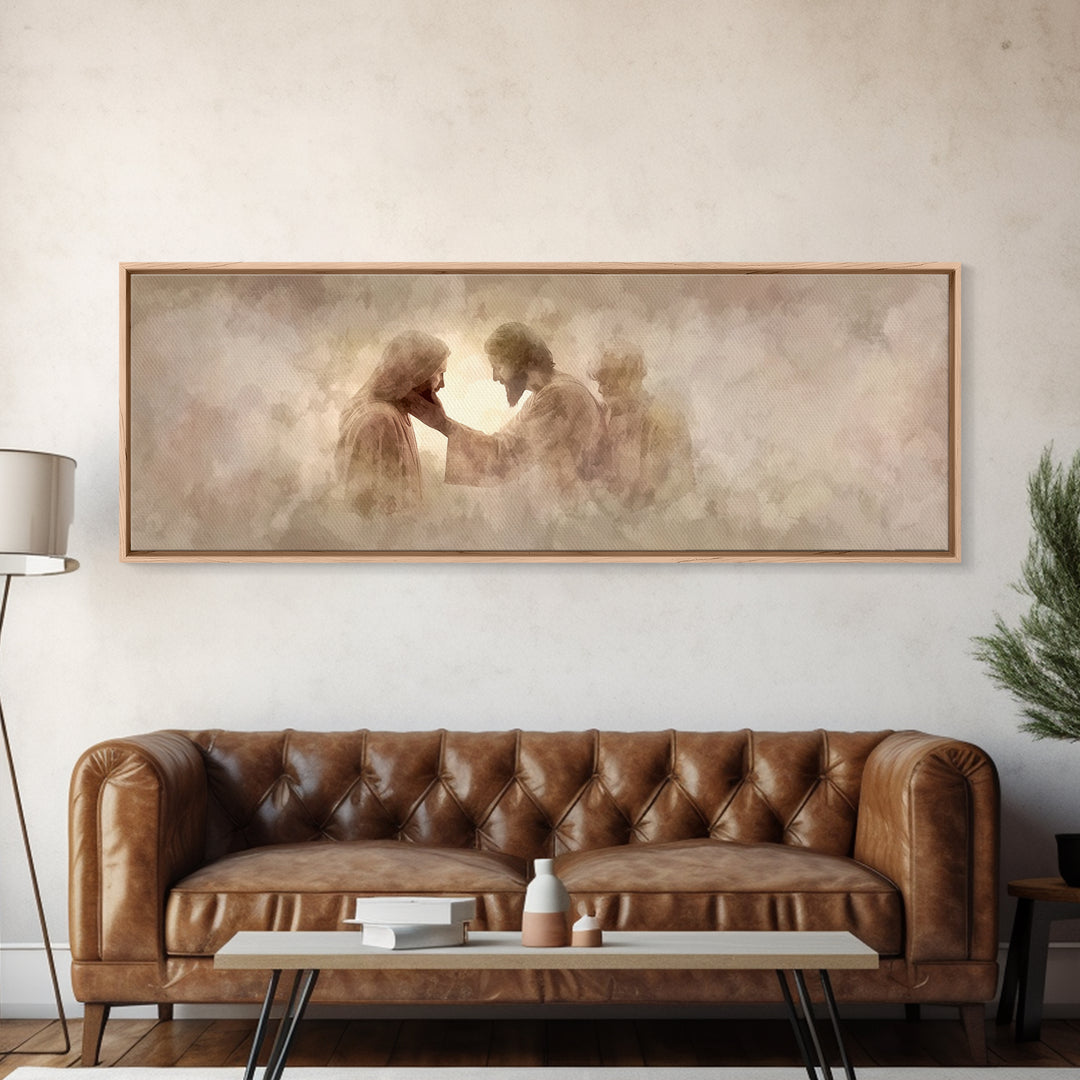Tender Restoration | Framed Canvas Print | Christian Art Canvas | Large Jesus Painting | Panoramic Painting | Christian Wall Art | Christia