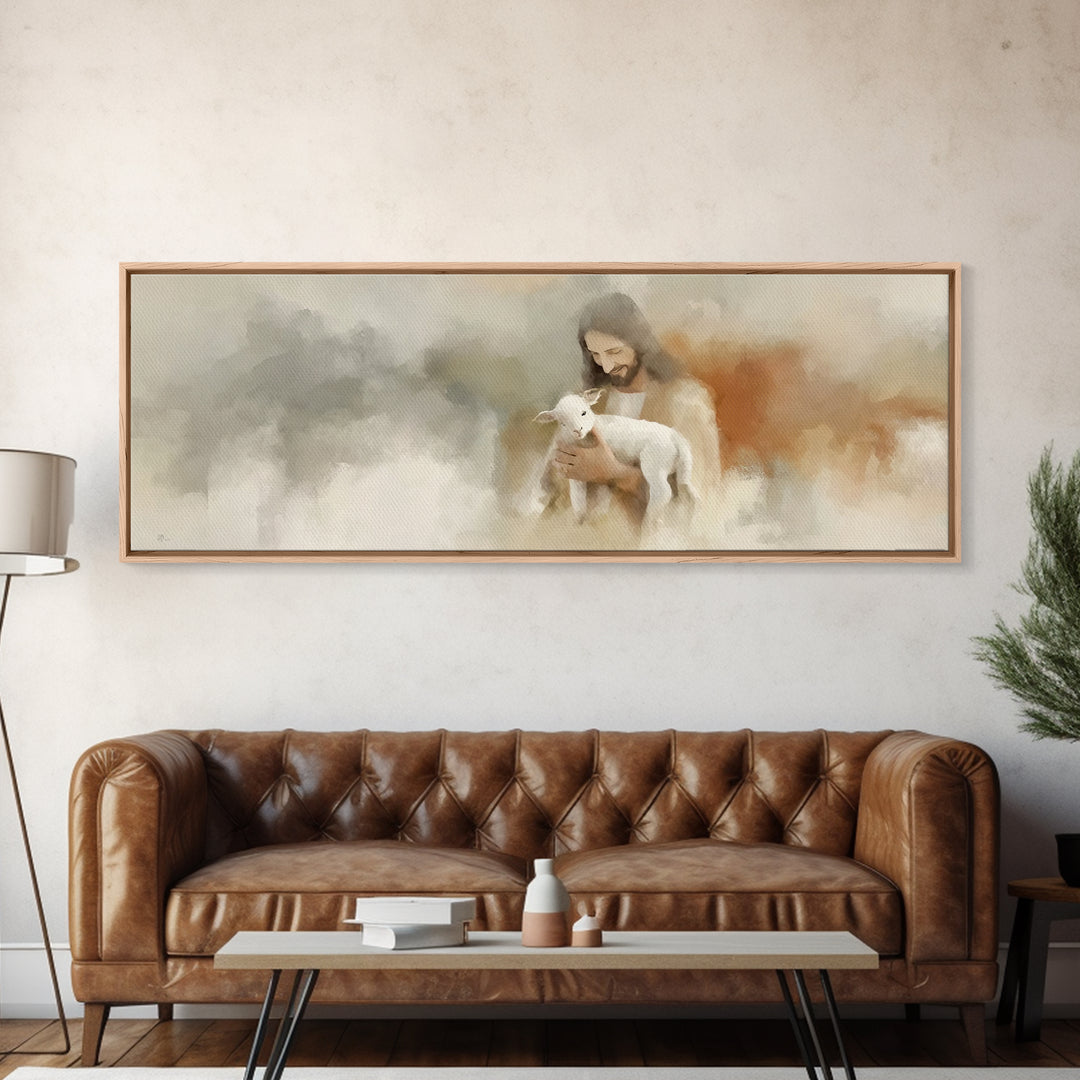 Lamb Of Comfort | Framed Canvas Print | Panoramic Painting | Christian Art Canvas | Jesus Painting | Christian Wall Art | Christian Gift