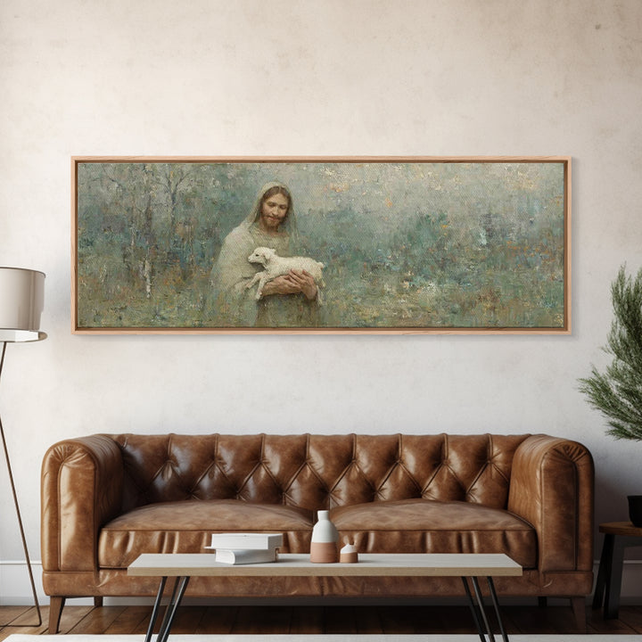 Pasture Of Peace, Framed Canvas Print, Panoramic Art, Christian Wall Art, Jesus Art Canvas, Christian Painting, Christian Decor