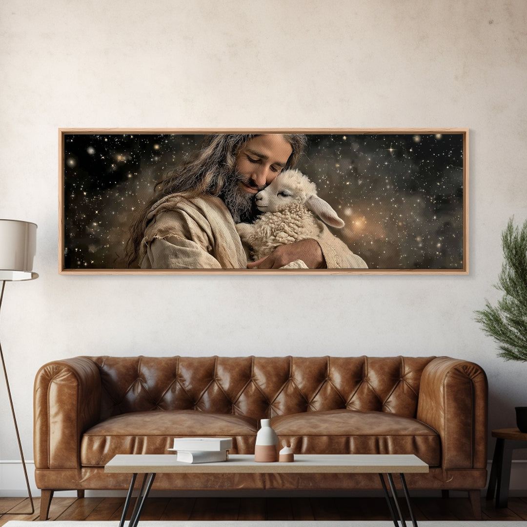 Heavenly Shepherd | Framed Canvas Print | Panoramic Art | Jesus Painting | Christian Art Canvas | Christian Wall Art | Christian Christmas