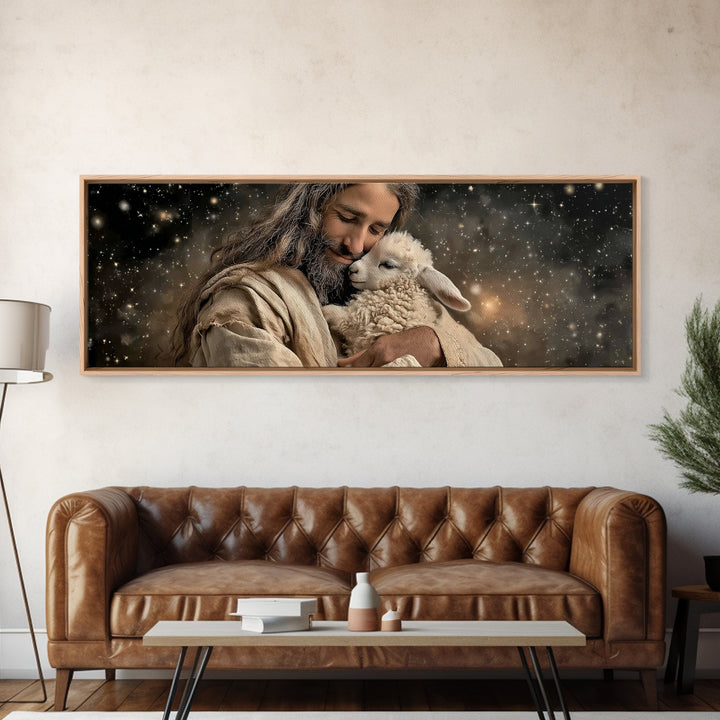 Heavenly Shepherd | Framed Canvas Print | Panoramic Art | Jesus Painting | Christian Art Canvas | Christian Wall Art | Christian Christmas