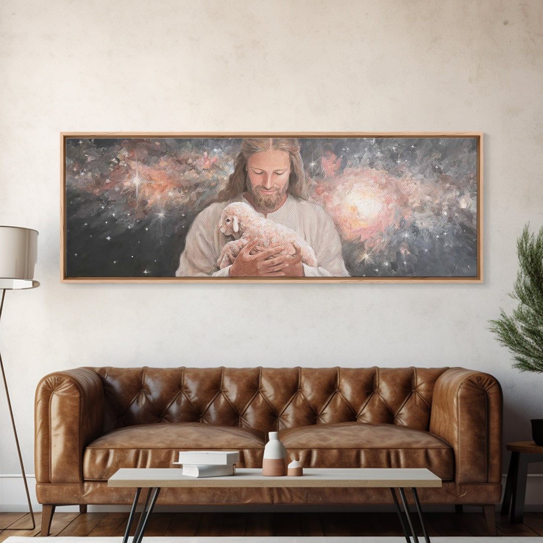 Galactic Embrace, Framed Canvas Print, Panoramic Painting, Jesus Art Print, Christian Wall Art, Christian Art Canvas, Christian Gift