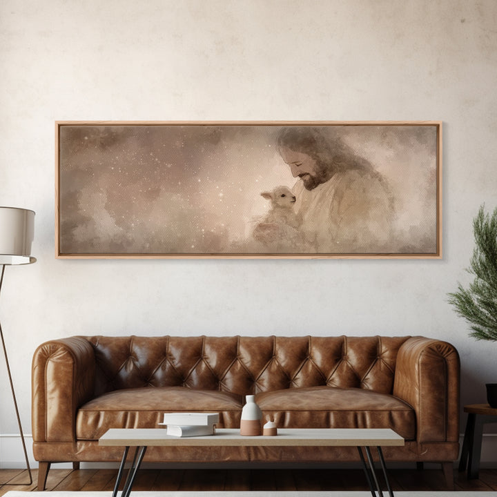 Blessed Night Lamb | Framed Canvas Print | Panoramic Art | Christian Art Print | Jesus Painting Canvas | Christian Wall Art | Christian Dec