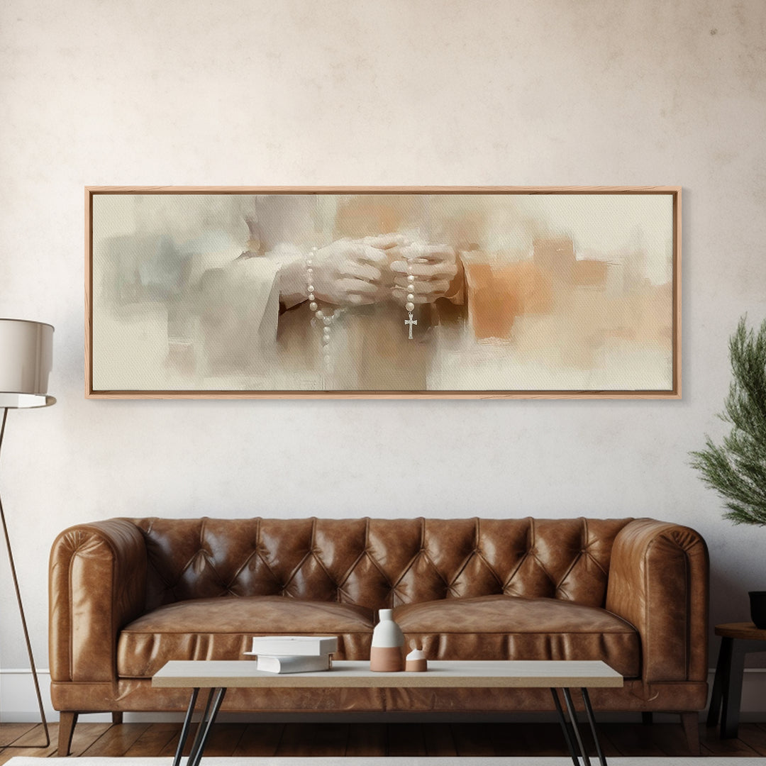 Peaceful Rosary Light, Framed Canvas Print, Christian Art Canvas, Christian Wall Art, Panoramic Art, Jesus Painting, Christmas Art