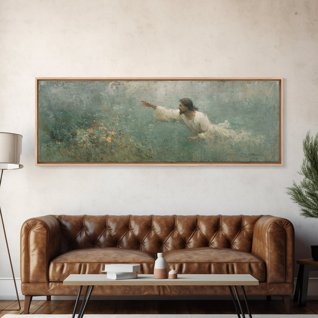 Redeeming Reach, Framed Canvas Print, Jesus Painting, Panoramic Wall Art, Christian Art Canvas, Christian Wall Art, Christian Gift Ideas