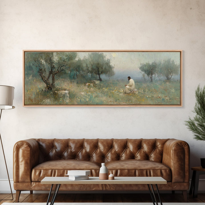 Olive Grove Light – Framed Canvas Print – Jesus Painting – Panoramic Print – Christian Art Canvas – Christian Wall Art – Moody Christian Ar