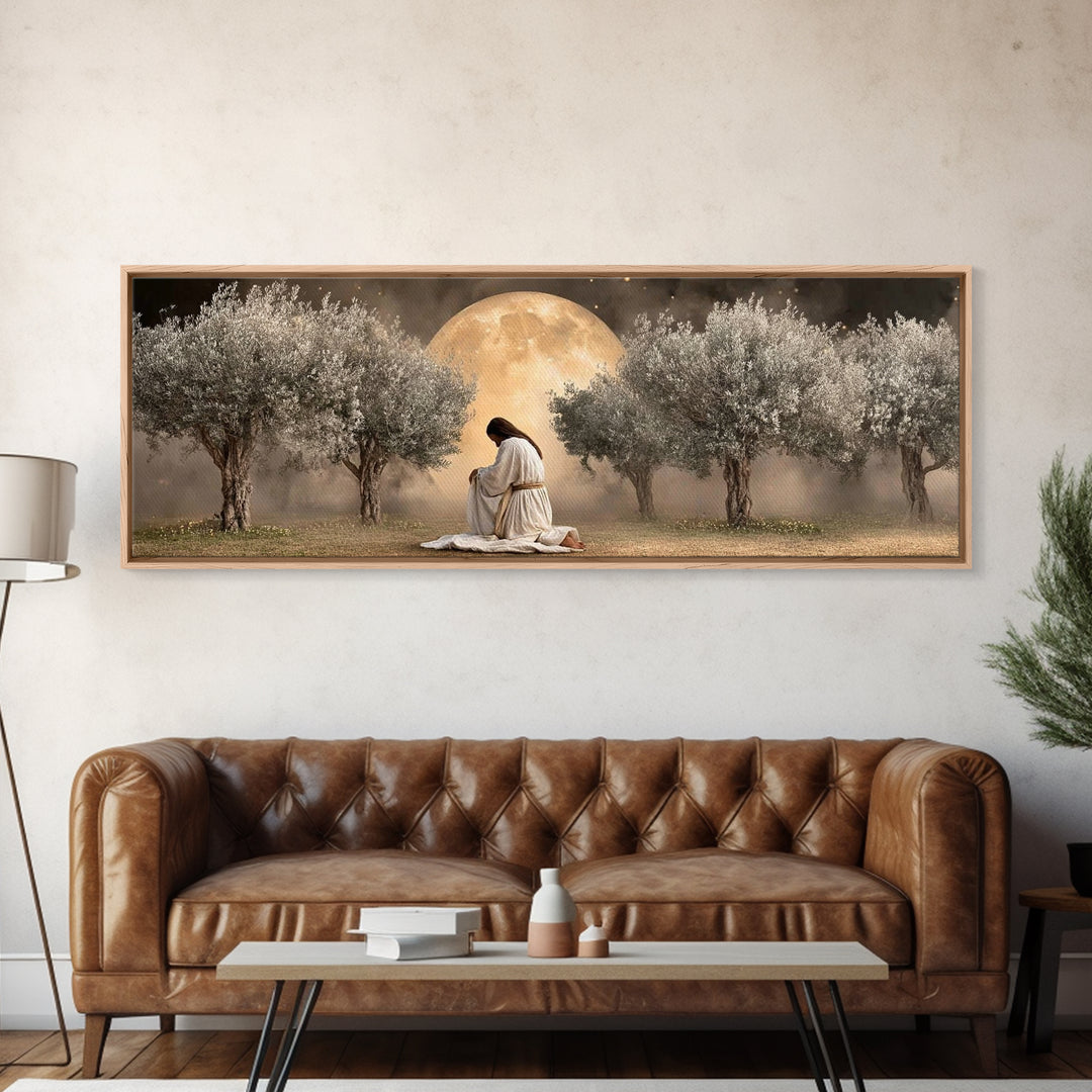 Garden Of Prayer, Framed Canvas Print, Christian Art, Jesus Painting, Panoramic Art, Christian Decor, Christian Gift, Large Christian Art,