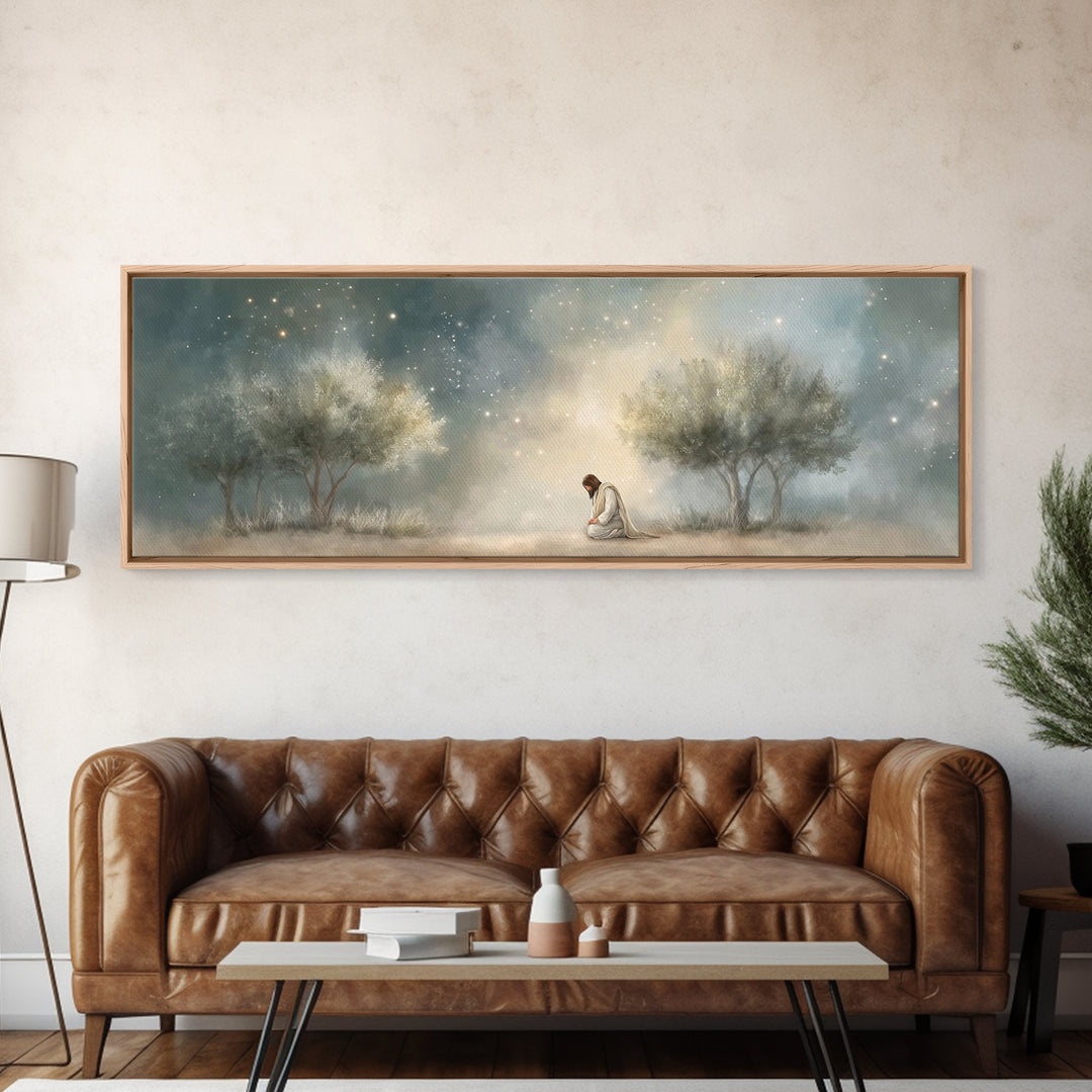 Night Of Devotion – Framed Canvas Print – Christian Art – Jesus Painting – Panoramic Art – Christian Decor – Christian Gift – Large Christi