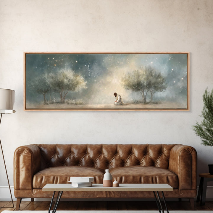 Night Of Devotion – Framed Canvas Print – Christian Art – Jesus Painting – Panoramic Art – Christian Decor – Christian Gift – Large Christi