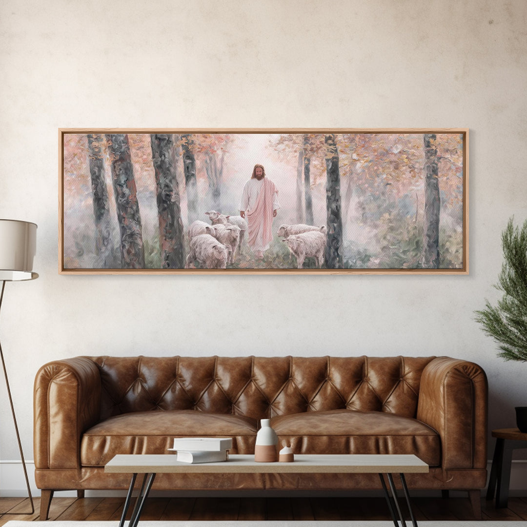 Mist Of The Flock, Framed Canvas Print, Christian Art, Jesus Painting, Panoramic Art, Christian Decor, Christian Gift, Large Christian Art,