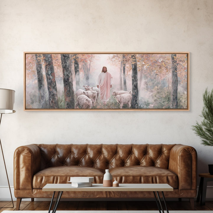Mist Of The Flock, Framed Canvas Print, Christian Art, Jesus Painting, Panoramic Art, Christian Decor, Christian Gift, Large Christian Art,