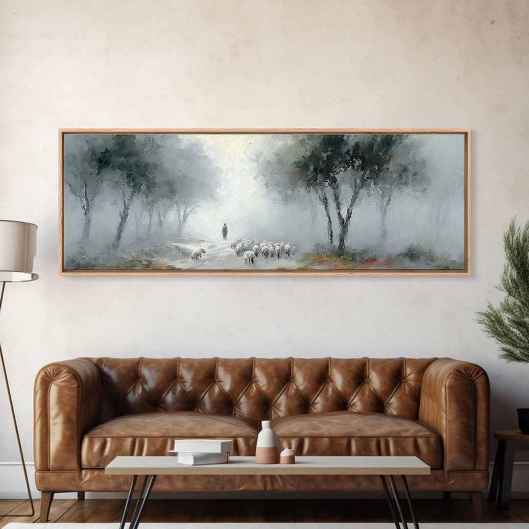 Morning Shepherd Calm – Framed Canvas Print – Panoramic Print – Christian Art Work – Christian Christmas Art – Jesus Painting – Christian D