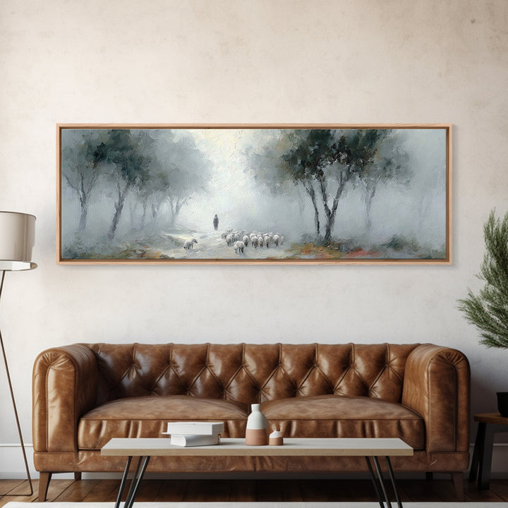 Morning Shepherd Calm – Framed Canvas Print – Panoramic Print – Christian Art Work – Christian Christmas Art – Jesus Painting – Christian D