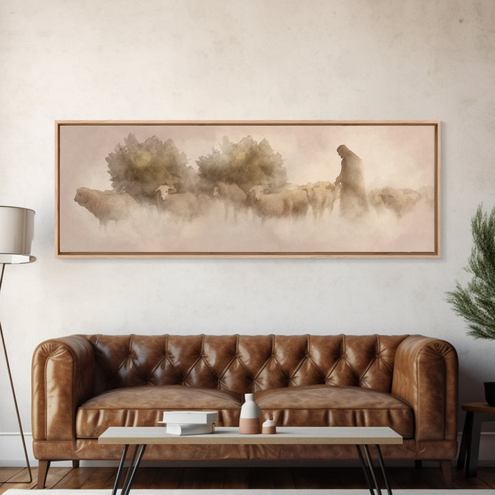 Shepherd Of Dawn | Framed Canvas Print | Panoramic Frame | Christian Art Canvas | Jesus Wall Art | Christmas Art | Christian Gift Ideas