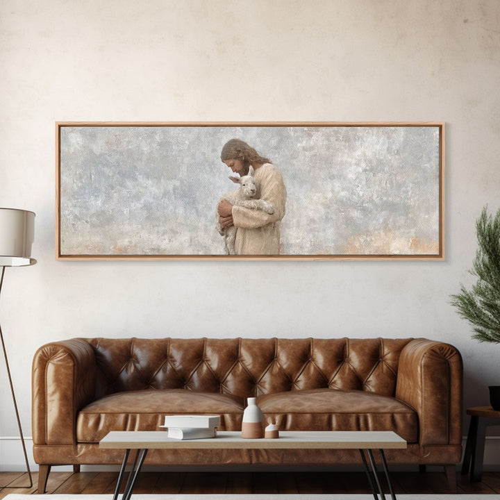Lamb Of Comfort – Framed Canvas Print – Panoramic Wall Art – Jesus Christmas Art – Christian Art Print – Christmas Canvas Wall Art – Christ