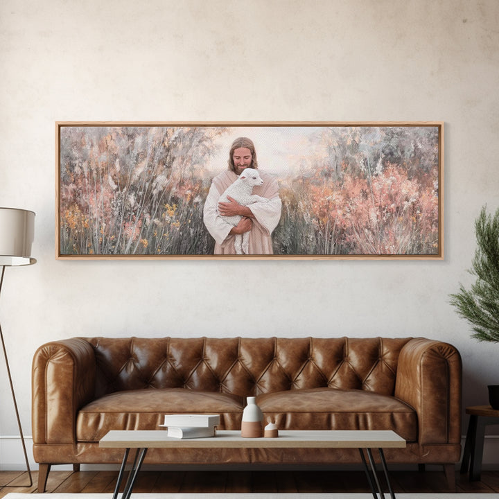 Compassionate Shepherd, Framed Canvas Print, Panoramic Print, Jesus Canvas Art, Christian Wall Art, Christmas Art Prints, Modern Christian
