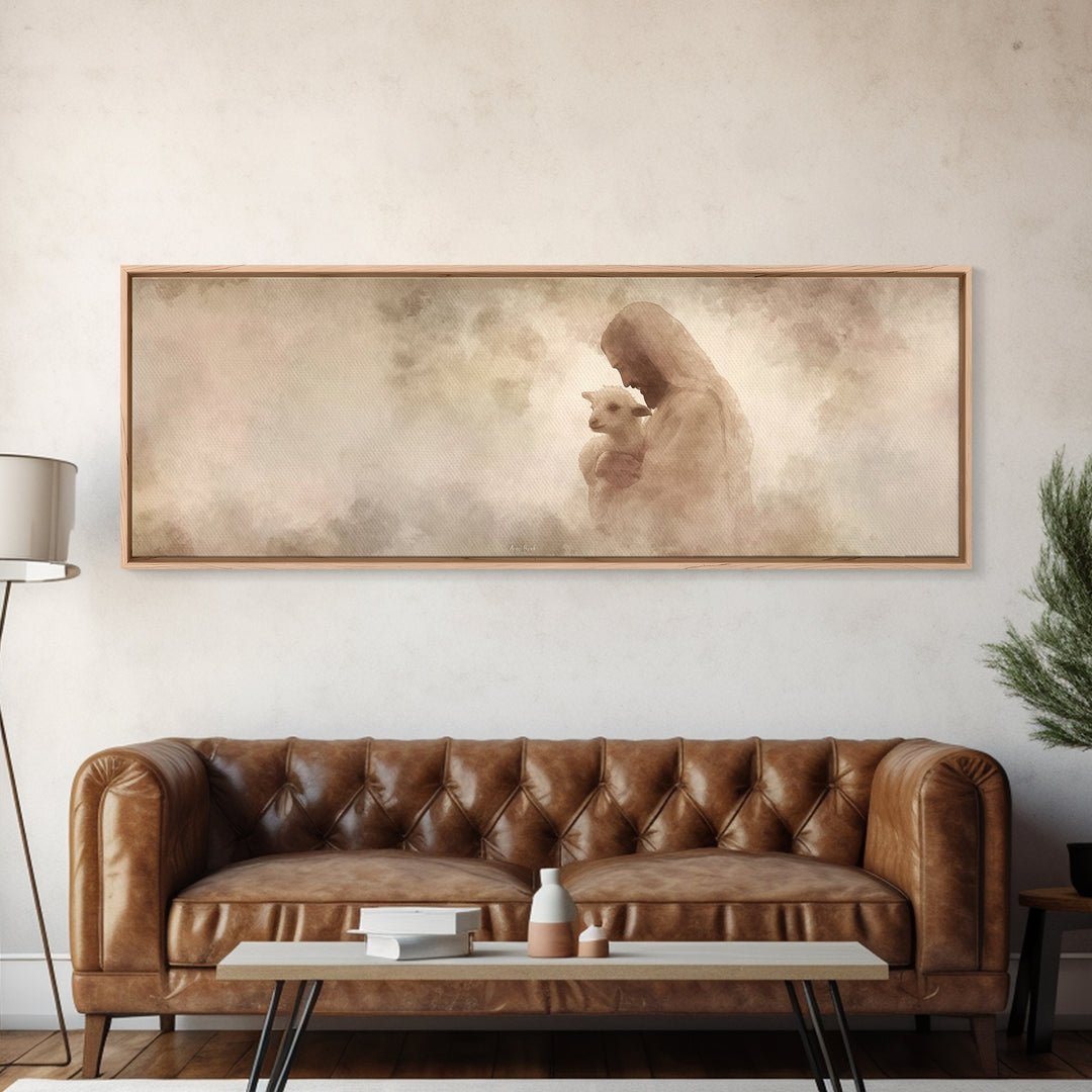 Tender Shepherd Love | Framed Canvas Print | Panoramic Wall Art | Jesus Painting | Christian Art Print | Christian Christmas Art | Modern C