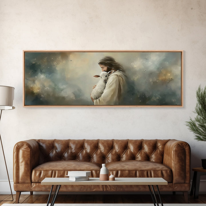 Heaven’s Gentle Care, Framed Canvas Print, Panoramic Painting, Jesus Canvas Art, Christian Wall Art, Christmas Art Prints, Subtle Christian