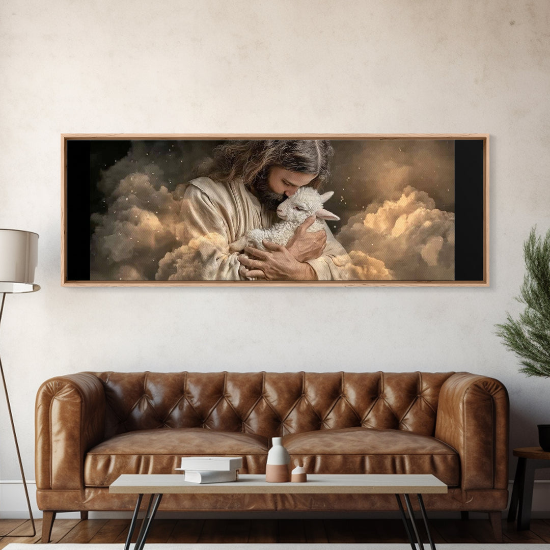 Sacred Lamb Embrace – Framed Canvas Print – Panoramic Frame – Christian Art Canvas – Jesus Wall Art – Christmas Art Work – Christian Gift I