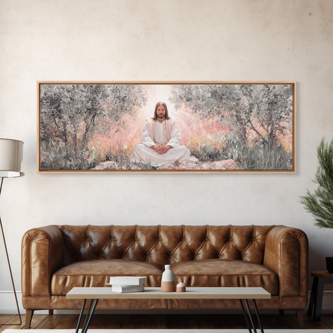 Garden Of Holy Rest, Framed Canvas Print, Panoramic Print, Christian Art Work, Jesus Canvas Art, Christian Wall Art, Christmas Art Framed