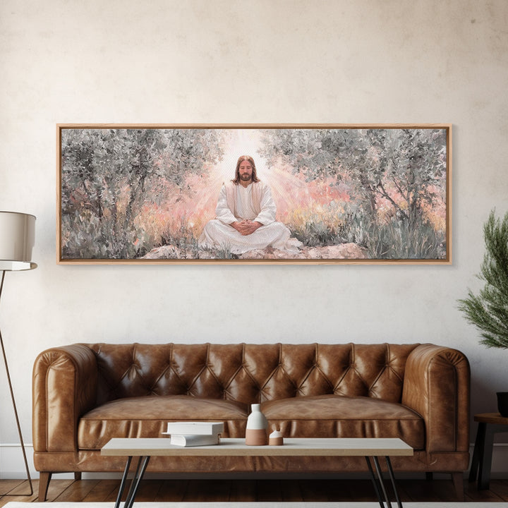 Garden Of Holy Rest, Framed Canvas Print, Panoramic Print, Christian Art Work, Jesus Canvas Art, Christian Wall Art, Christmas Art Framed