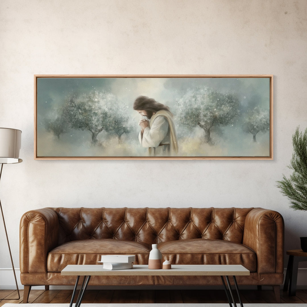 Olive Grove Prayer – Framed Canvas Print – Panoramic Painting – Christian Art Canvas – Jesus Painting – Christmas Wall Art – Subtle Christi