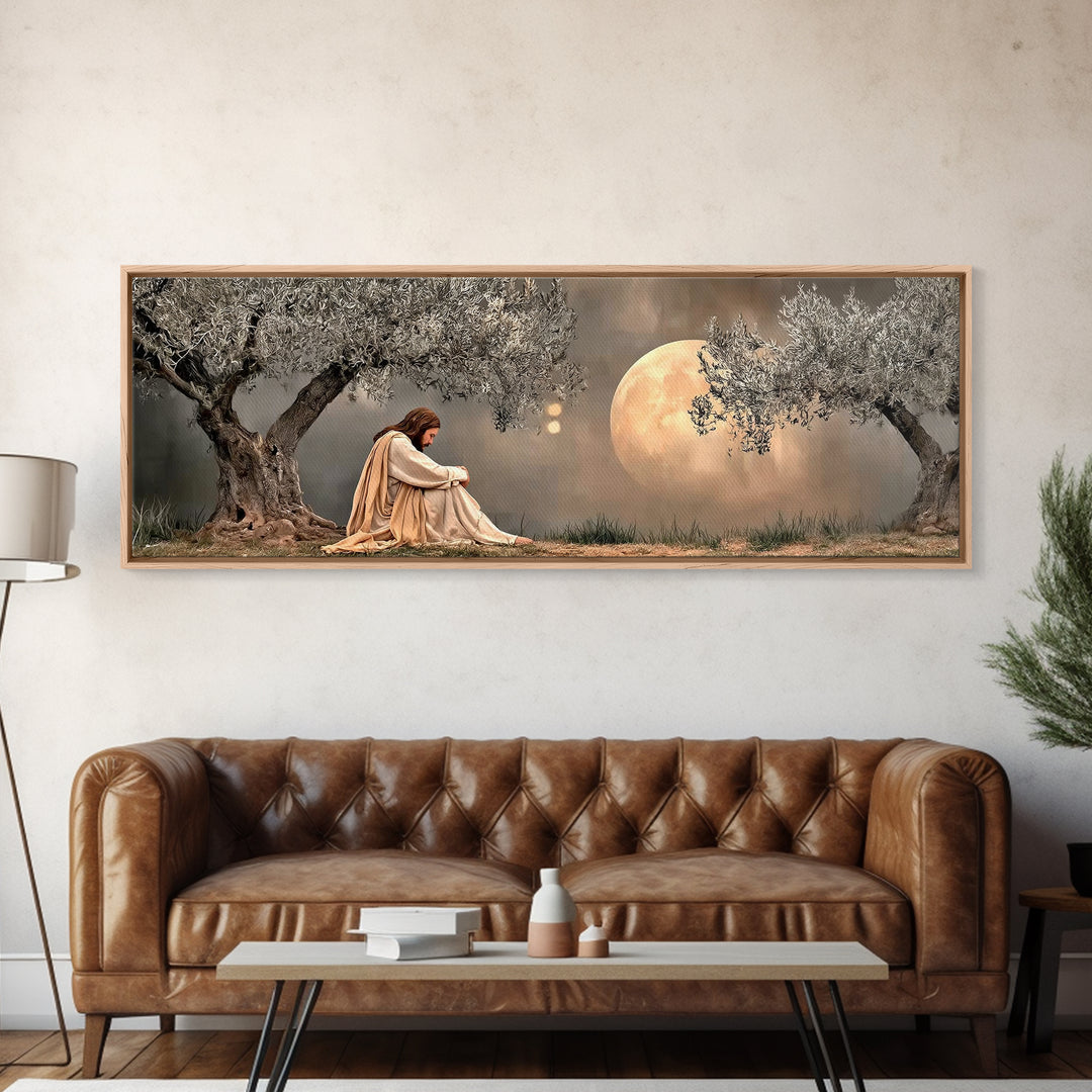 Moonlit Garden Prayer, Framed Canvas Print, Panoramic Painting, Jesus Painting Canvas, Christian Art Canvas, Christian Wall Art, Christmas