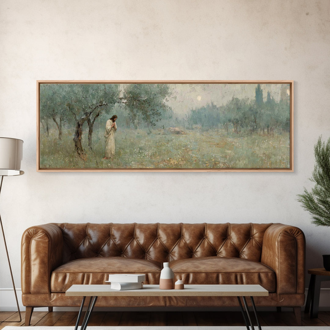 Olive Grove Prayer, Framed Canvas Print, Panoramic Wall Art, Christian Art Canvas, Jesus Painting, Christian Wall Art, Christian Christmas