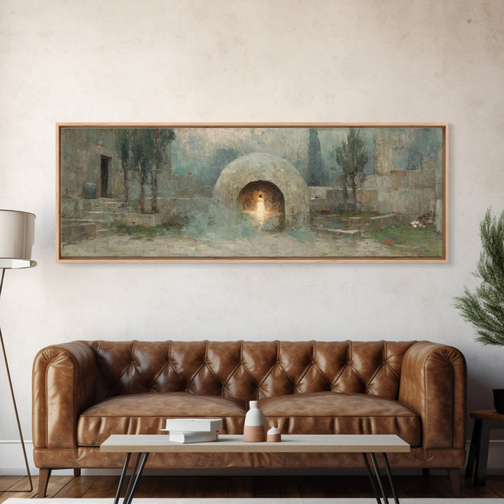 Silent Tombstone Glow, Framed Canvas Print, Panoramic Frame, Christian Art Canvas, Christian Painting, Jesus Wall Art, Christian Christmas
