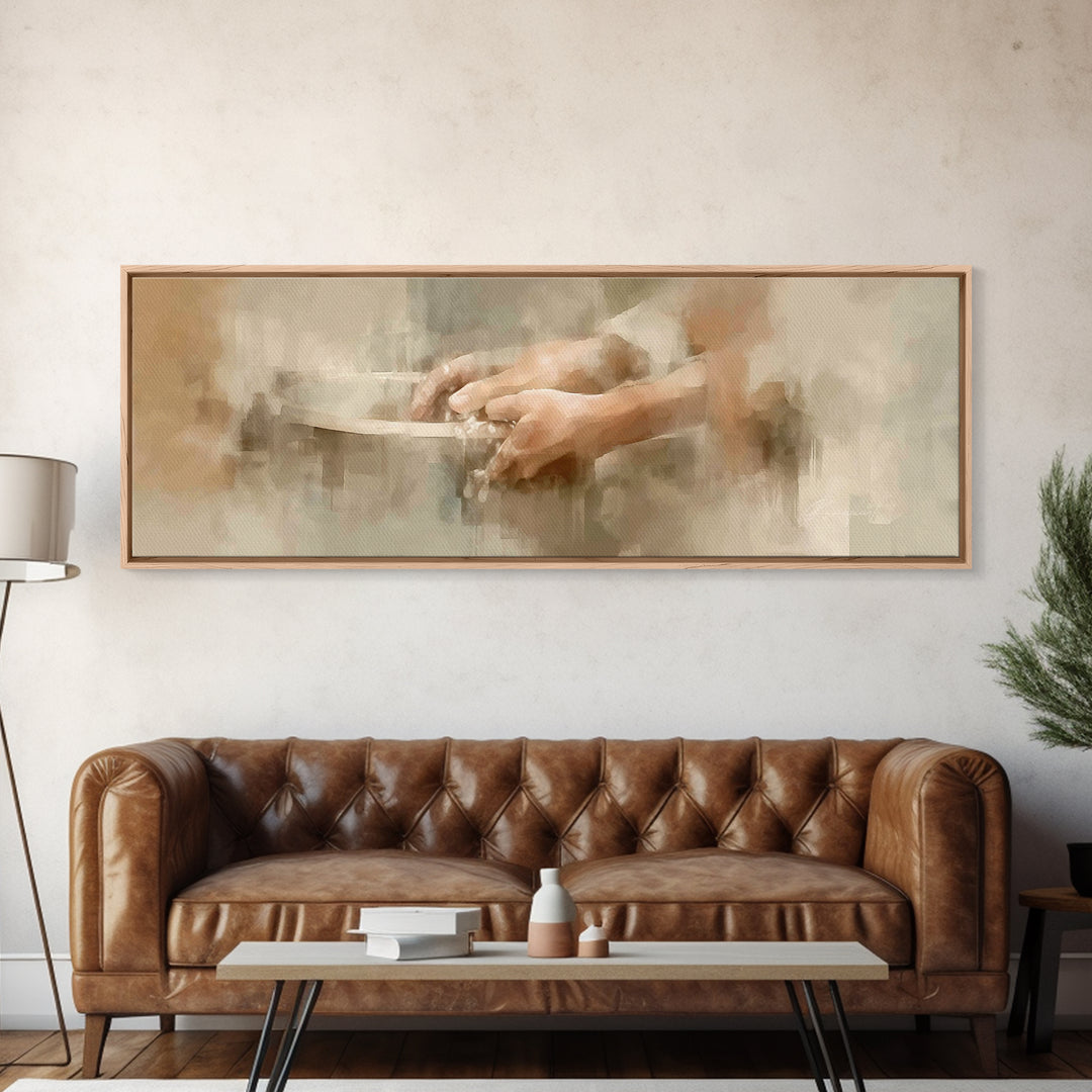 Hands Of Compassion | Framed Canvas Print | Christian Wall Art | Christian Art Canvas | Panoramic Art | Christian Painting | Jesus Canvas A