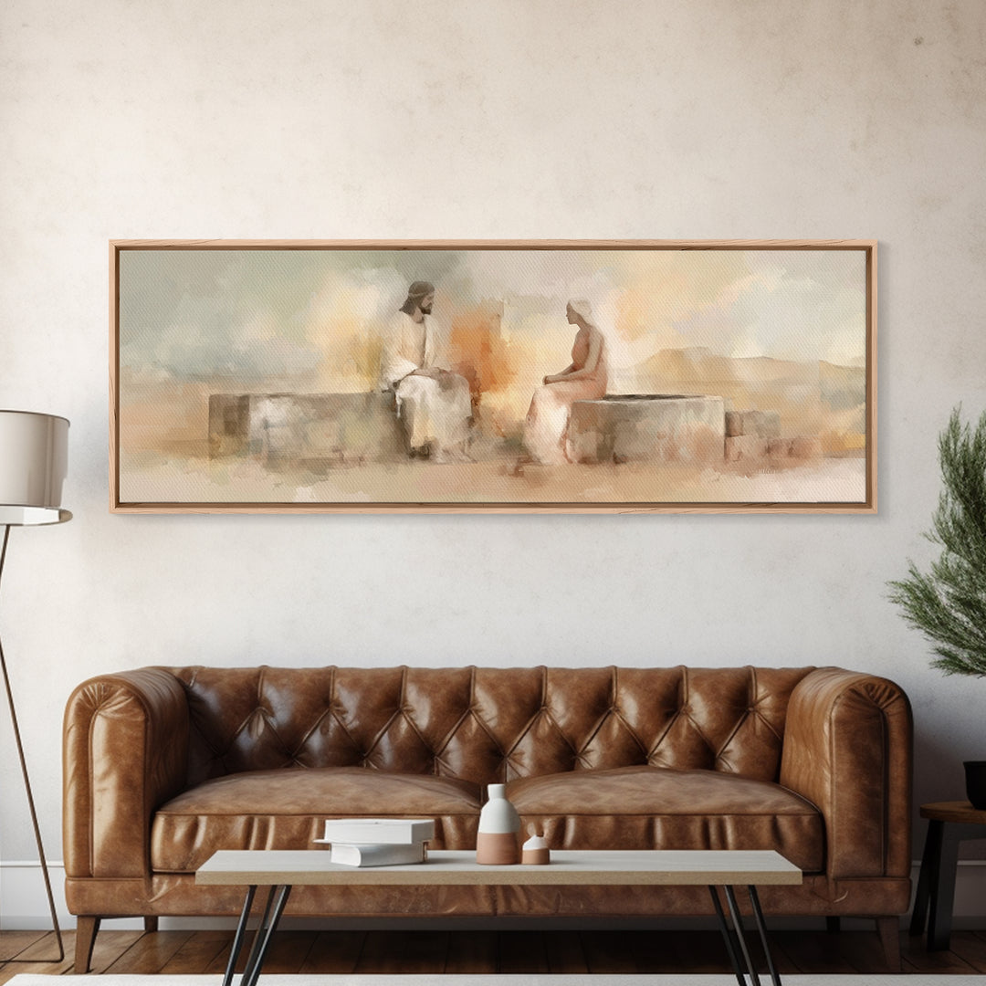 Living Water Meeting | Framed Canvas Print | Panoramic Wall Art | Christian Art Canvas | Christian Painting | Jesus Art Print | Christian D