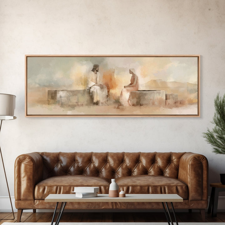 Living Water Meeting | Framed Canvas Print | Panoramic Wall Art | Christian Art Canvas | Christian Painting | Jesus Art Print | Christian D