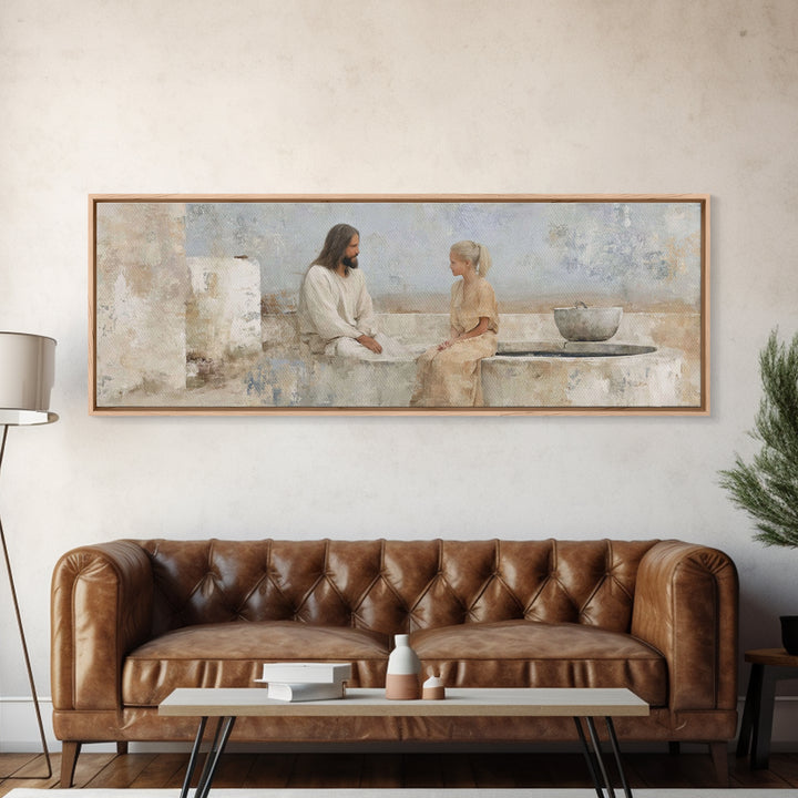 Quiet Well Encounter | Framed Canvas Print | Christian Art Canvas | Jesus Painting | Panoramic Painting | Christian Wall Art | Christian Gi