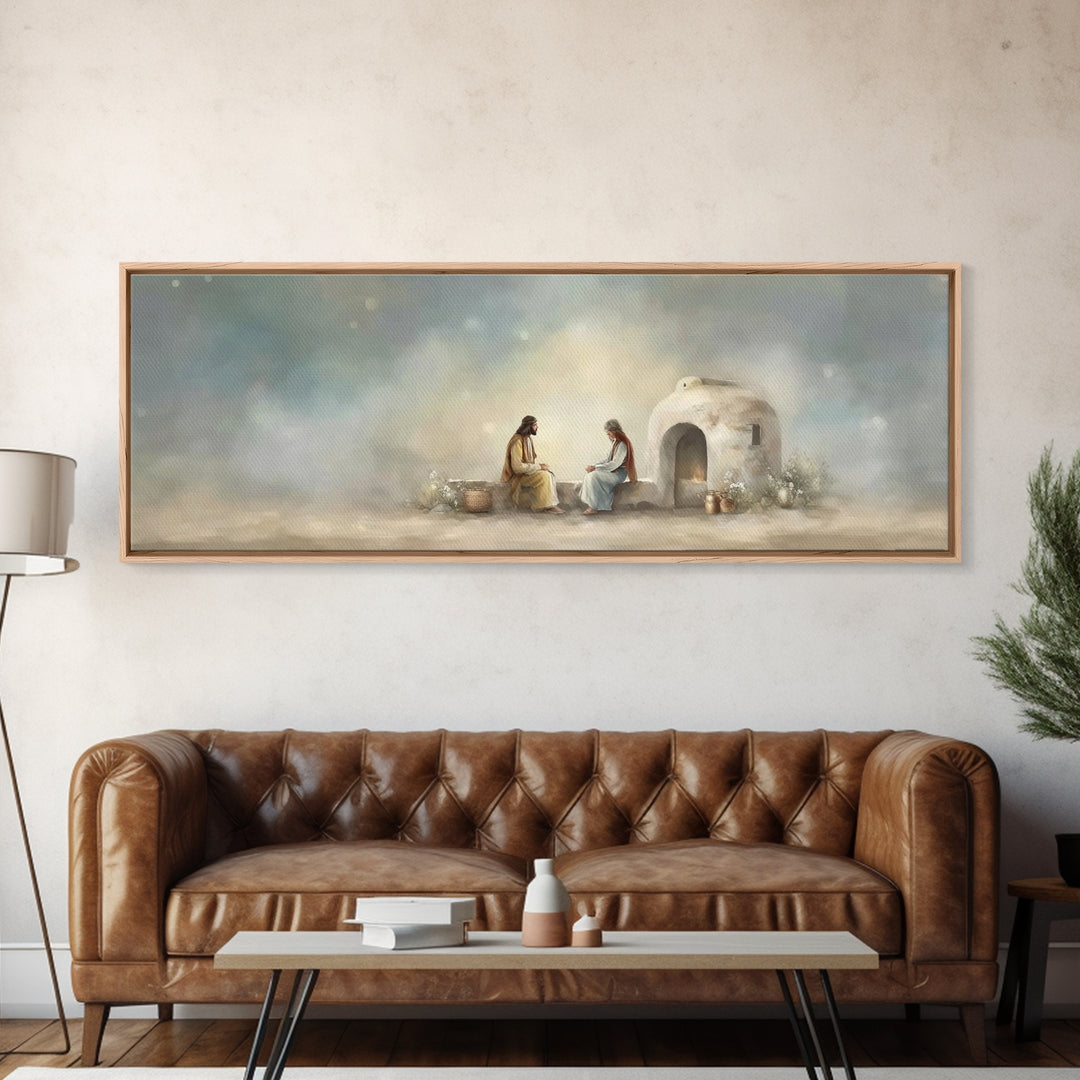 Morning At The Well, Framed Canvas Print, Christian Wall Art, Panoramic Art, Jesus Painting, Christian Decor, Christian Art Print