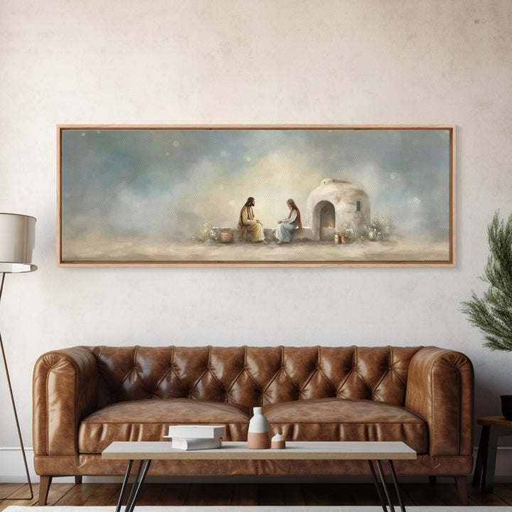 Morning At The Well, Framed Canvas Print, Christian Wall Art, Panoramic Art, Jesus Painting, Christian Decor, Christian Art Print