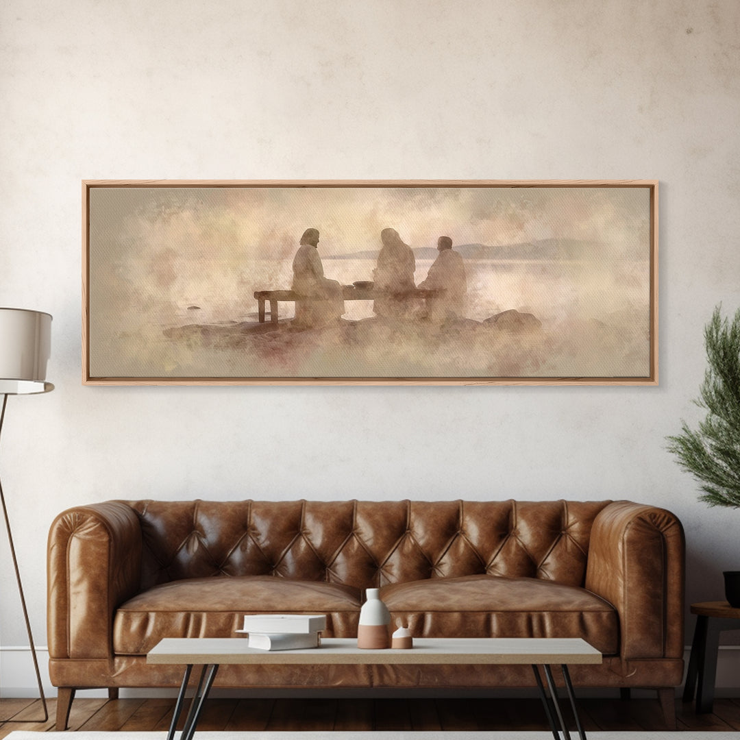 Shoreline Communion, Framed Canvas Print, Christian Wall Art, Christian Art Canvas, Panoramic Art, Jesus Painting, Christian Gift