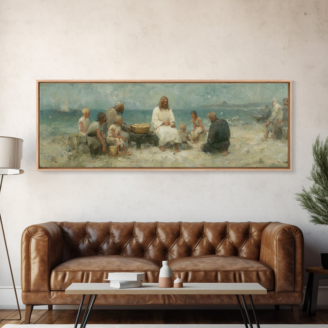 Lakeside Bread Sharing, Framed Canvas Print, Christian Art Canvas, Panoramic Wall Art, Christian Decor, Jesus Painting, Christian Wall Art