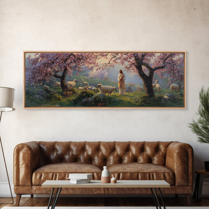 Shepherd Blossom Light, Framed Canvas Print, Panoramic Wall Art, Christian Art Canvas, Jesus Painting, Christian Art, Christian Gift