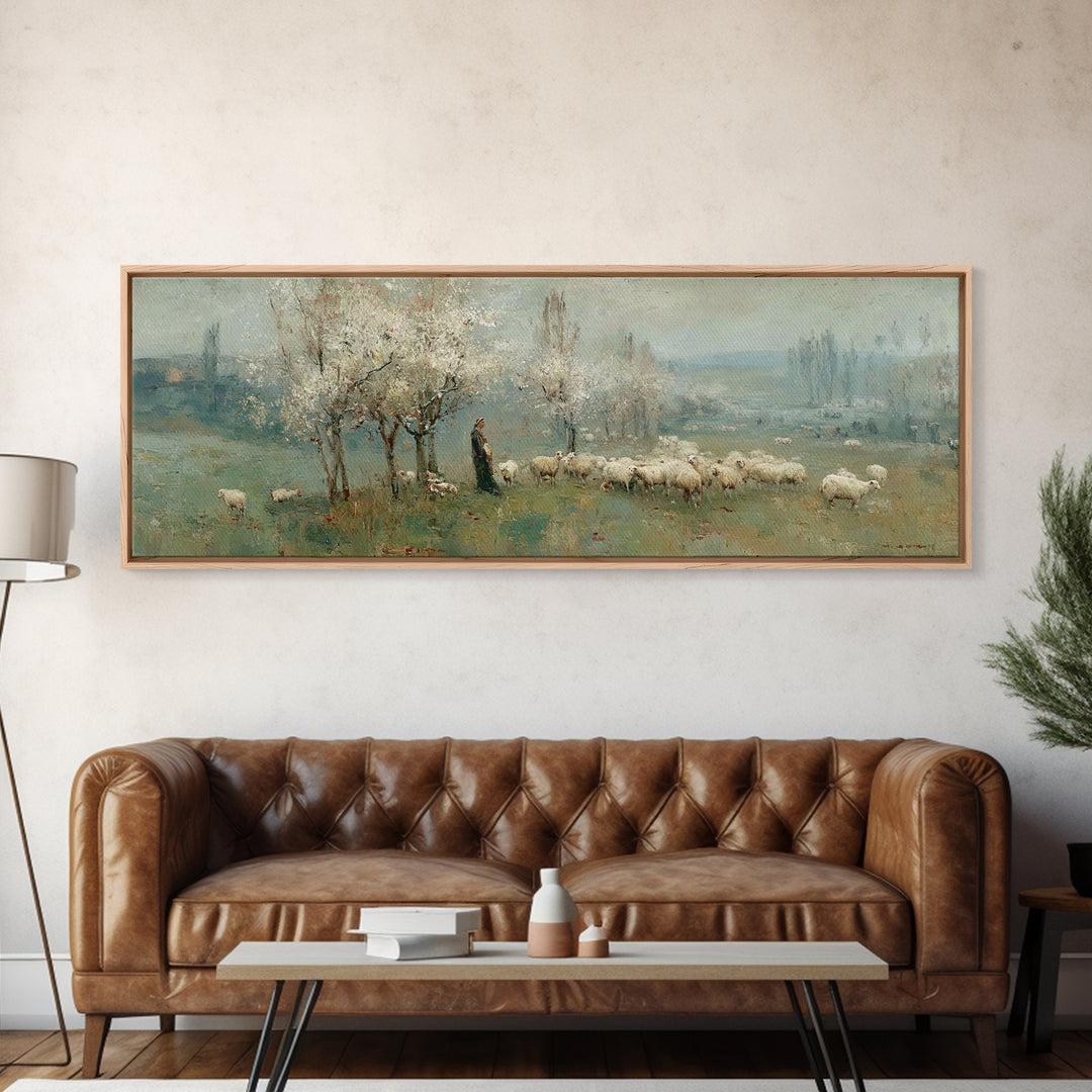 Spring Pasture Peace – Framed Canvas Print – Christian Wall Art – Panoramic Art – Christian Art Canvas – Jesus Painting – Christian Decor