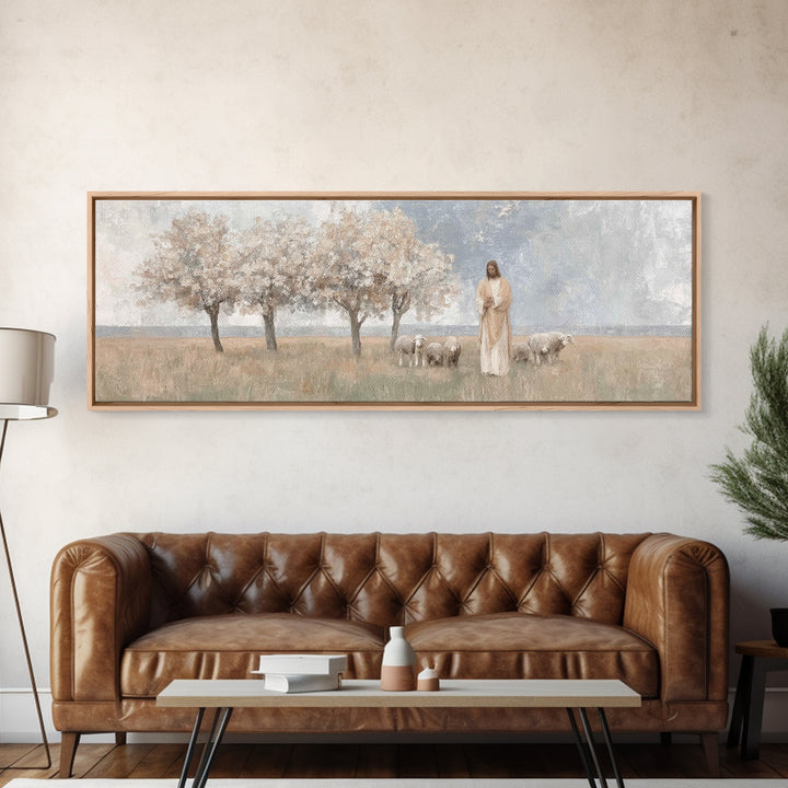 Gentle Meadow Guide | Framed Canvas Print | Christian Art Canvas | Panoramic Frame | Christian Wall Art | Jesus Painting | Christian Gift