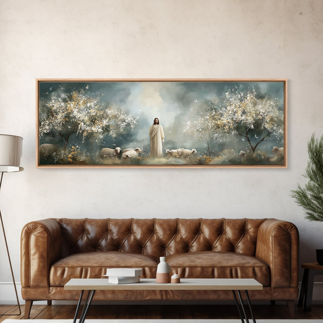 Heavenly Pasture Bloom – Framed Canvas Print – Panoramic Art – Christian Wall Art – Christian Art Canvas – Jesus Painting – Christian Gift
