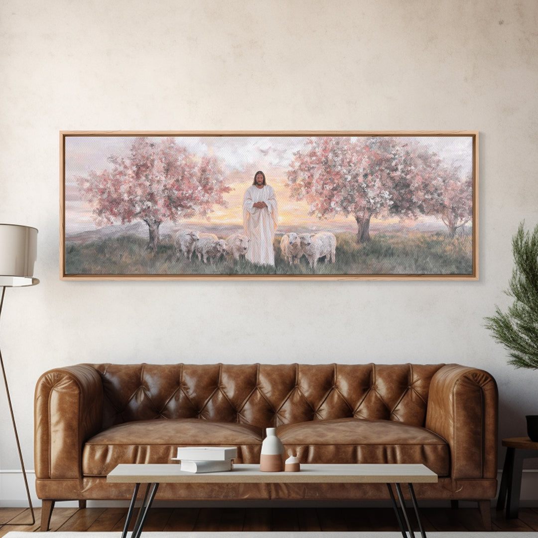 Sunrise Shepherd Calm | Framed Canvas Print | Panoramic Wall Art | Christian Art Canvas | Jesus Painting | Christian Art | Christian Gift