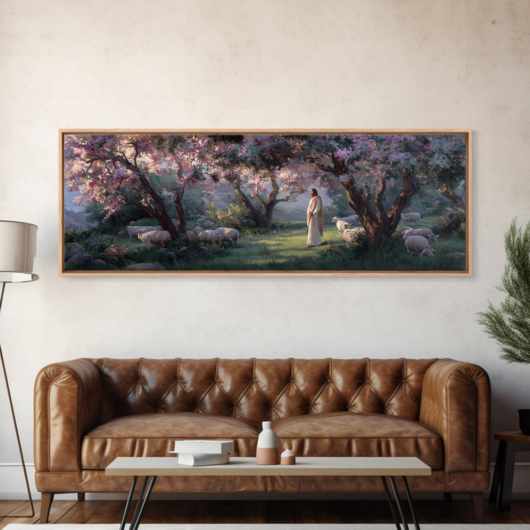 Garden Of The Shepherd, Framed Canvas Print, Panoramic Art, Christian Wall Art, Christian Art Canvas, Jesus Painting, Christian Gift