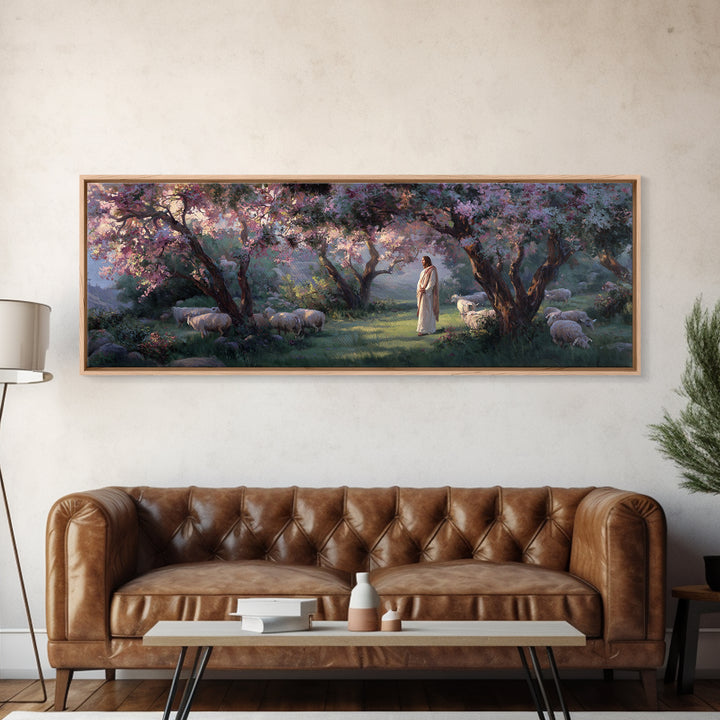 Garden Of The Shepherd, Framed Canvas Print, Panoramic Art, Christian Wall Art, Christian Art Canvas, Jesus Painting, Christian Gift