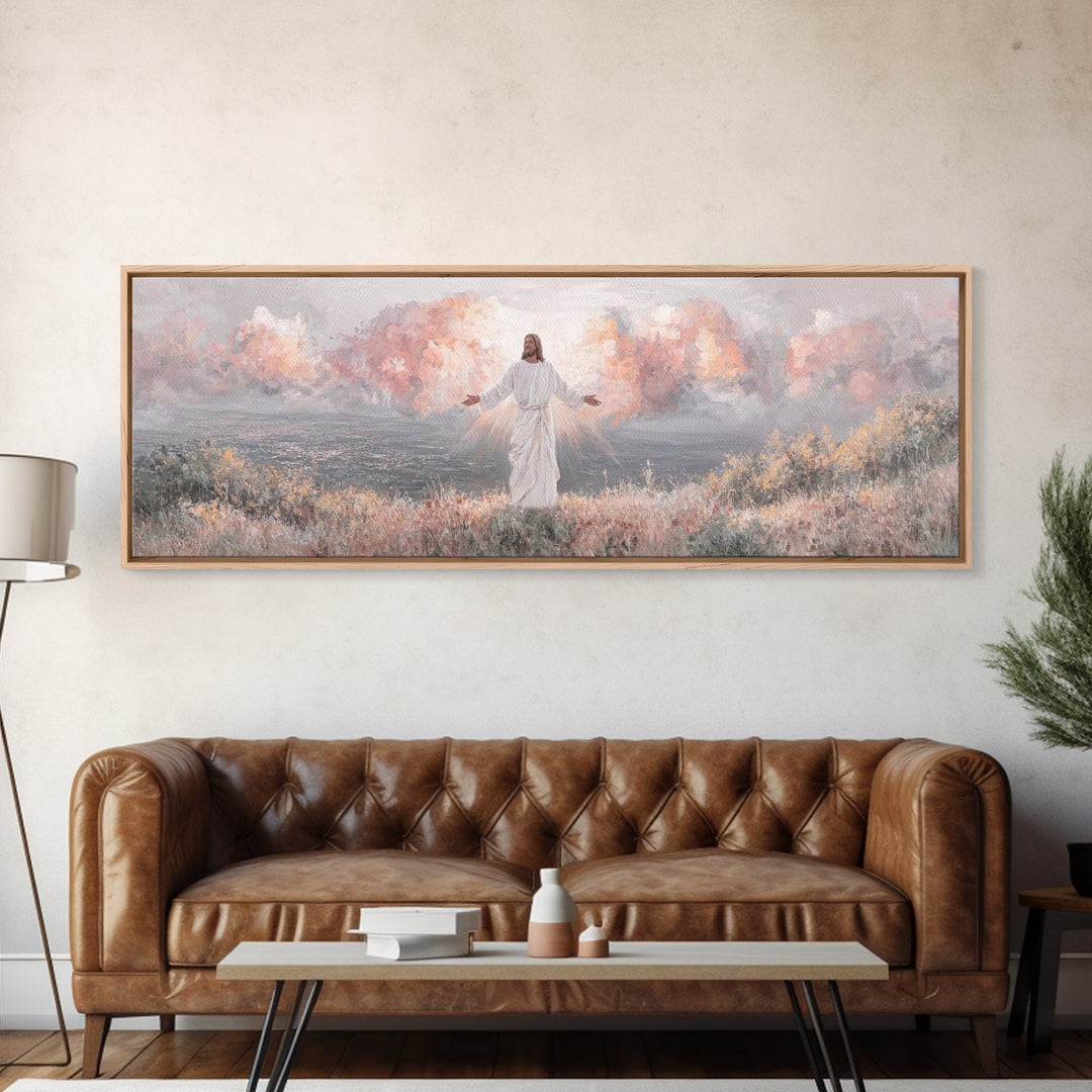 Radiant Dawn Blessing, Framed Canvas Print, Christian Wall Art, Jesus Painting, Panoramic Wall Art, Christian Art Canvas, Christmas Art Pri