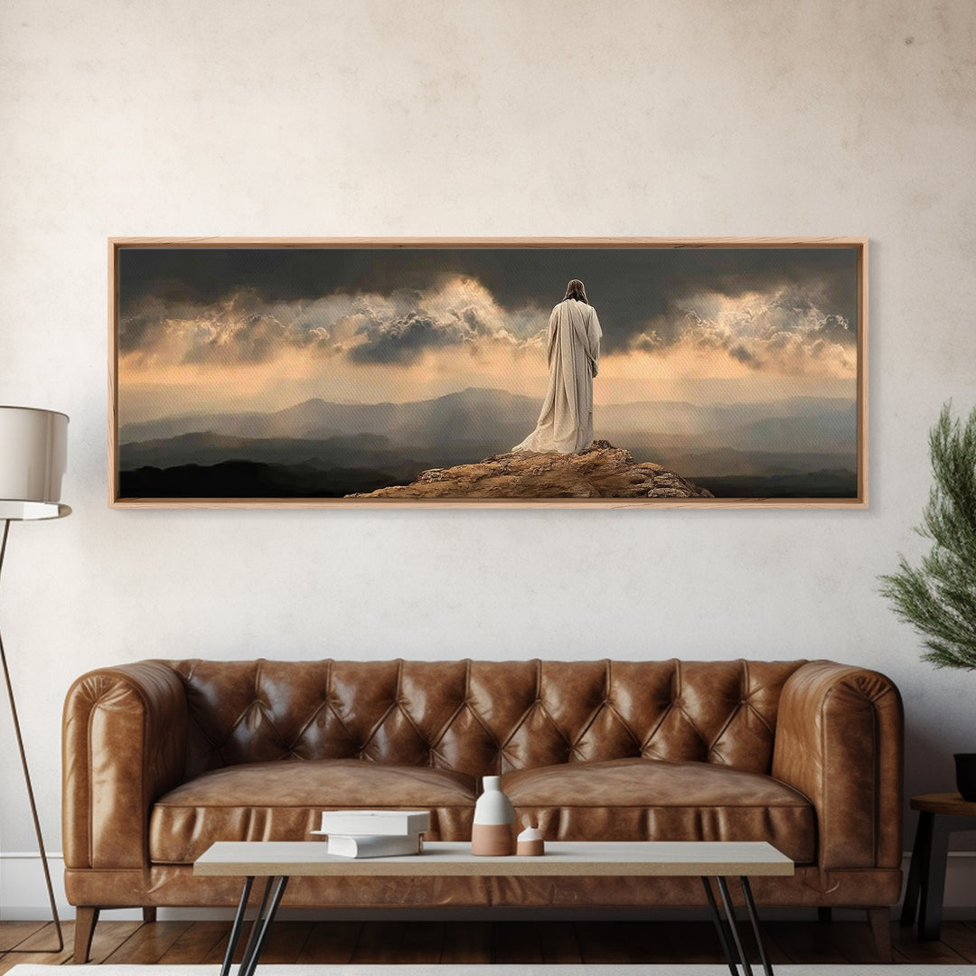 Stormlight Messiah - Framed Canvas Print - Christian Wall Art - Jesus Painting - Panoramic Frame - Christian Art Canvas - Christmas Art Fra